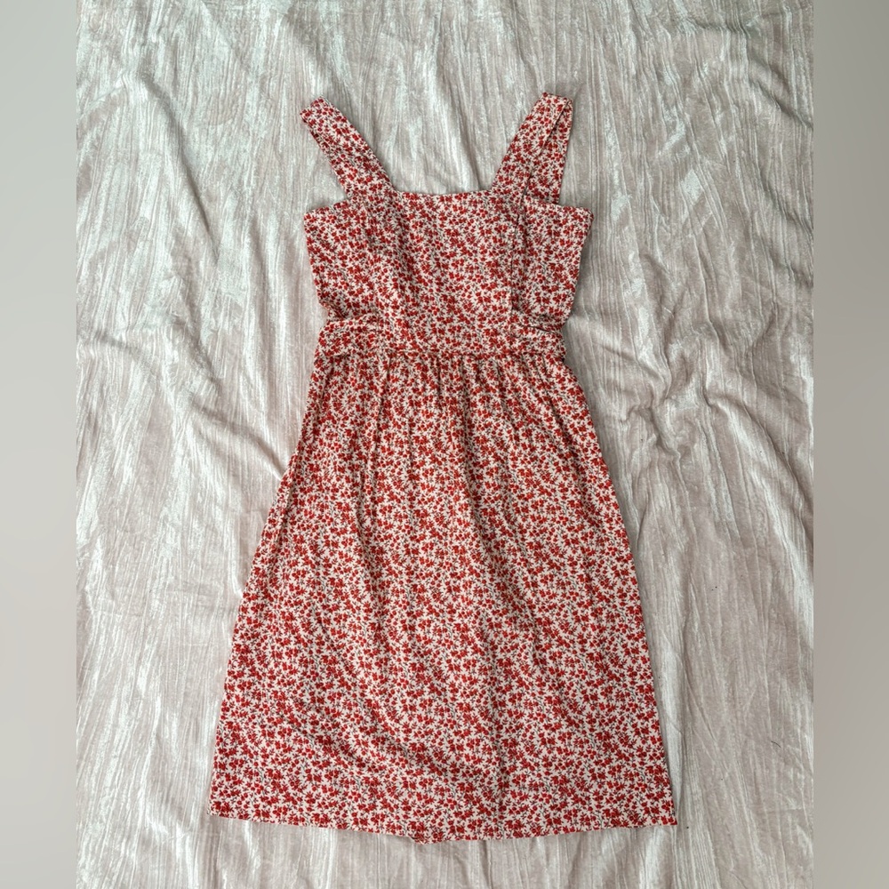 VINTAGE 60s Red Rose Cream Cotton Floral Midi Summer Dress XS 2 Roses